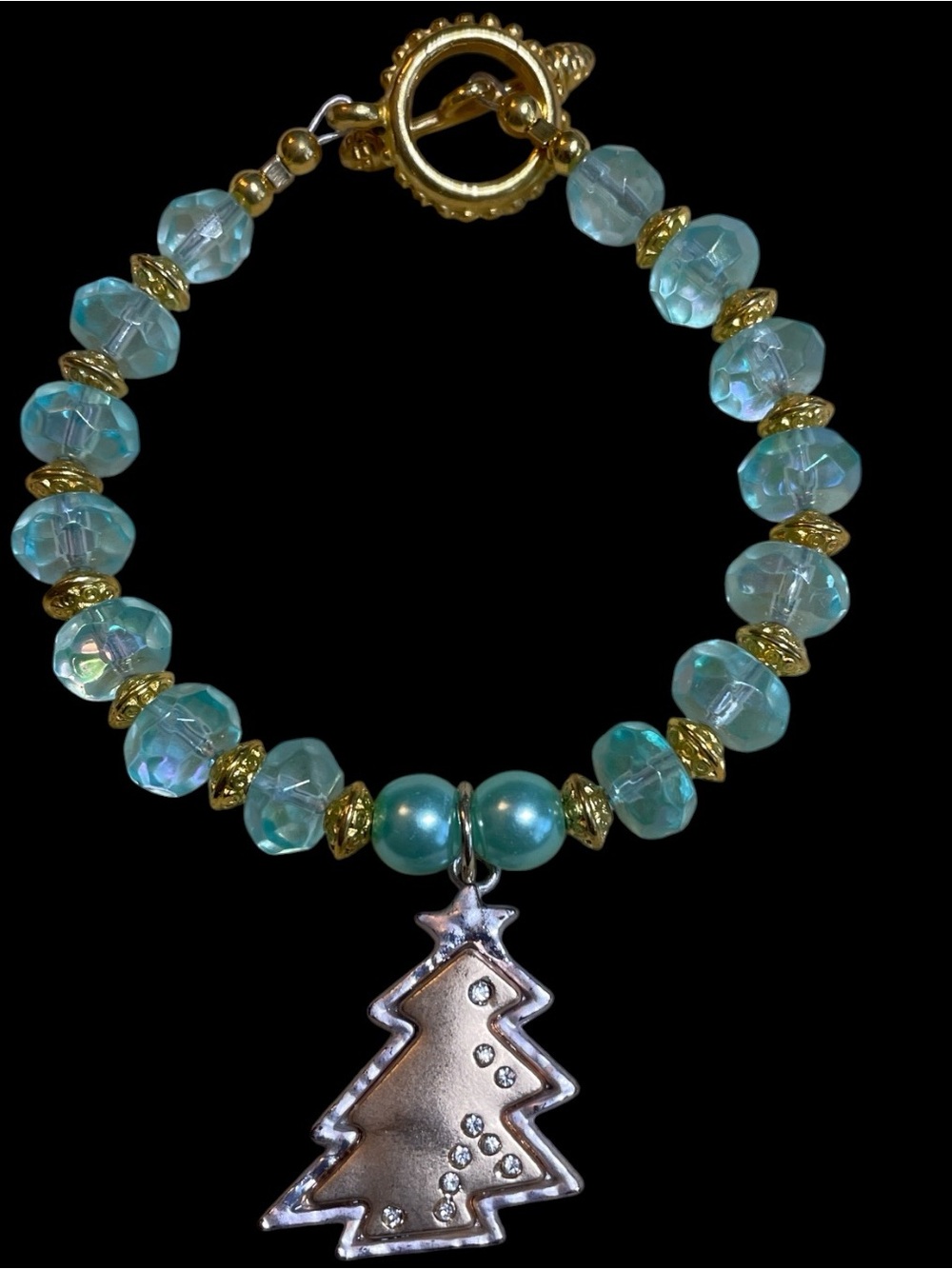 Hand crafted Teal Glass Beaded Bracelet with Christmas Tree Charm